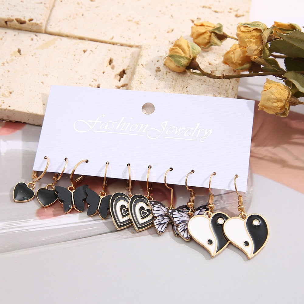 5 Pairs Black and White Heart Butterfly Drop Charm Earrings For Women Girl