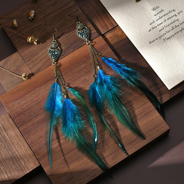 Blue Green Ombre Feathers Dangle Earrings for Fashion Stylish Jewelry Drop