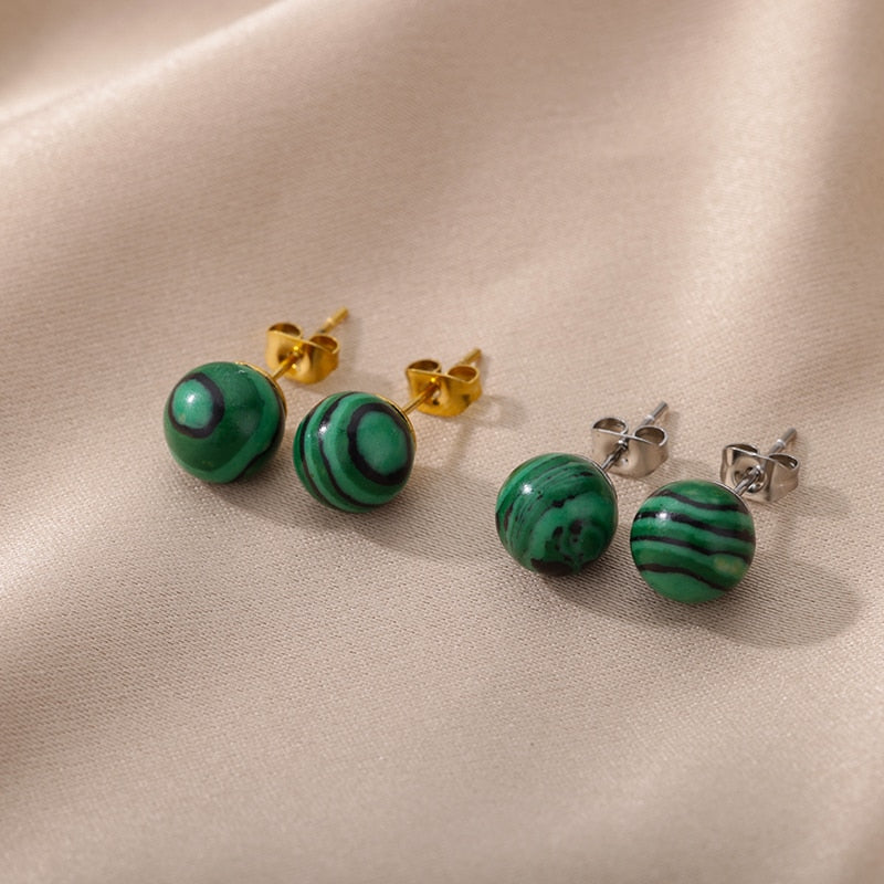 Bohemian Handmade Natural Green Stone Beads Stud Earrings Women Travel Fashion