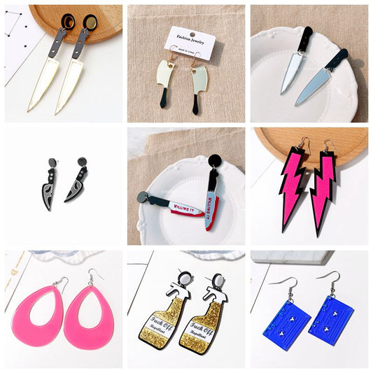 52 Styles Colorful Flame Knife Tape Rule Arrow Drop Earrings Hip Hop Art Women