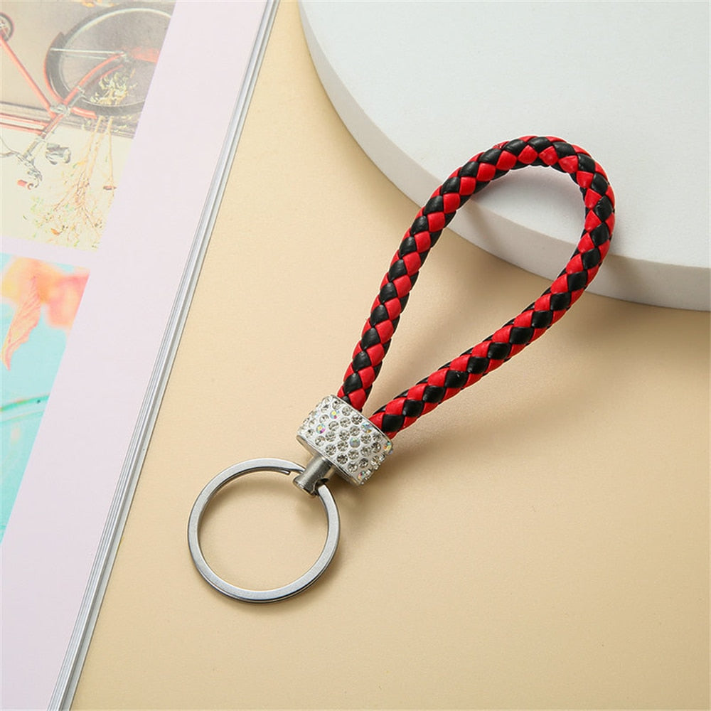 14 Styles PU Leather Braided Rope Keychain Glitter Rhinestones Key Ring For