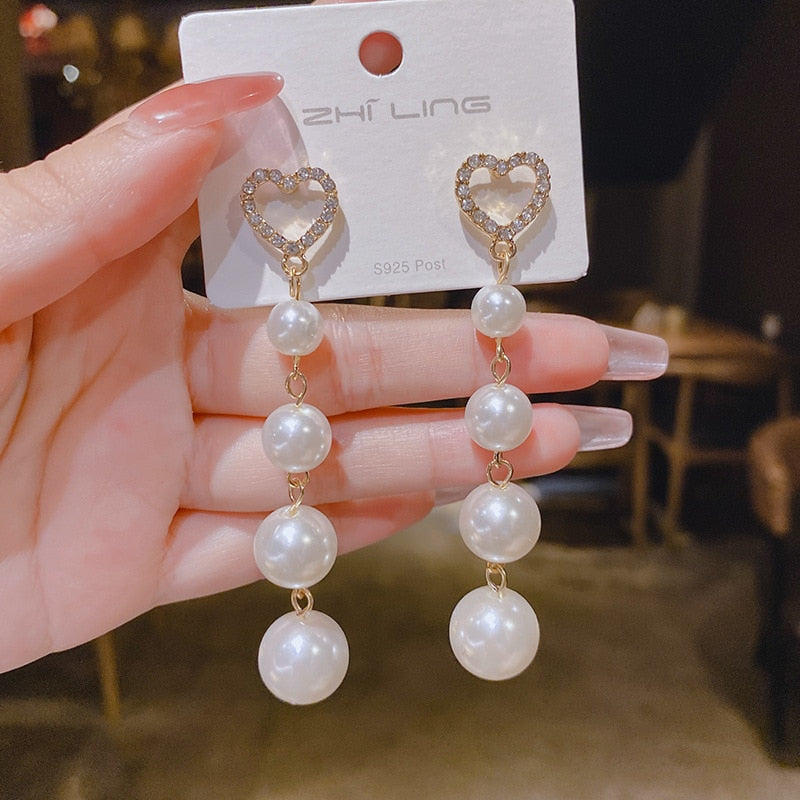 Heart and Pearl Tassel Dangle Earrings Fashion Party Girls Pendant Earrings