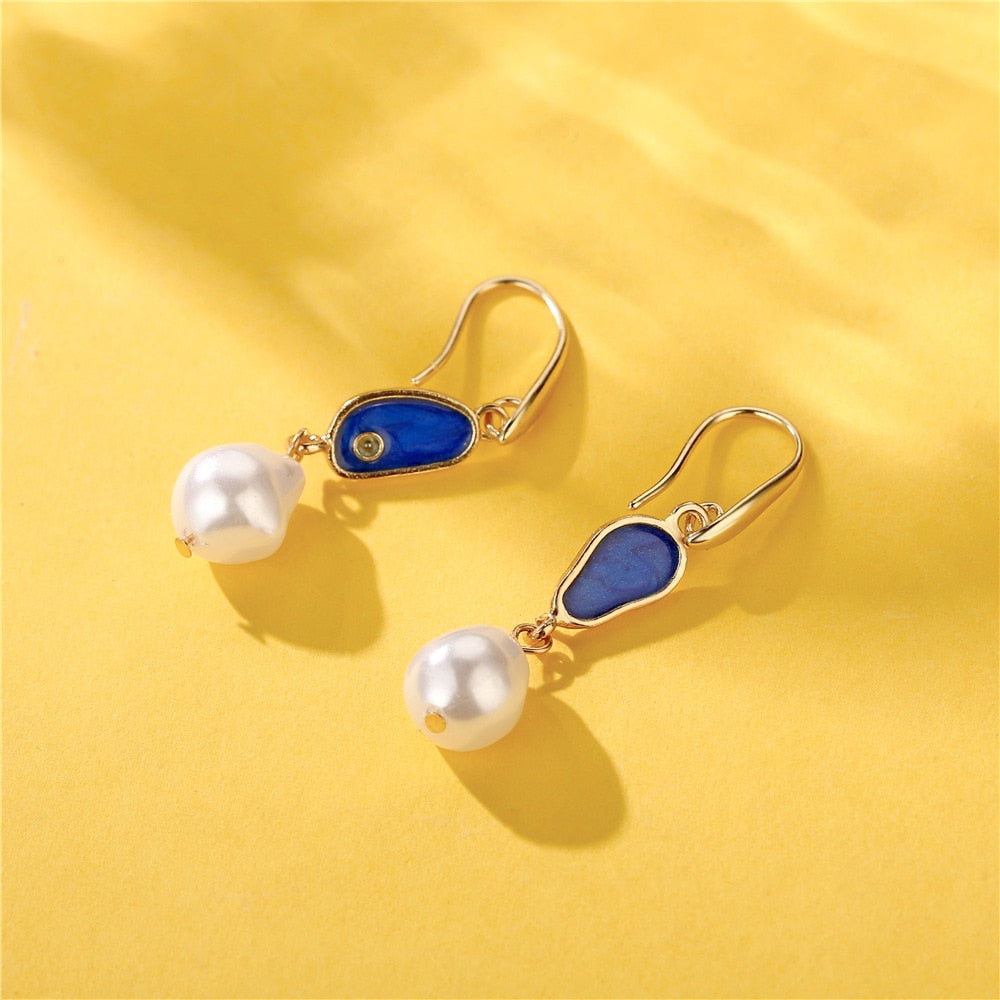 Blue White Baroque Pearl Dangle Earrings Charms Jewelry Fashion Creative