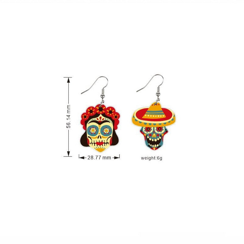 Skull Mexican Pattern Drop Earrings Women Travel Fashion Cartoon Earrings