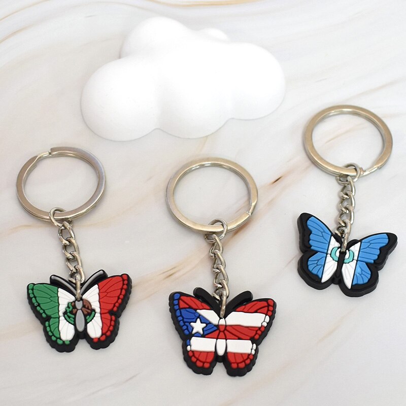 12 Styles Butterfly NationalFlag Key Pendant Soft Silicone Metal Key Chains