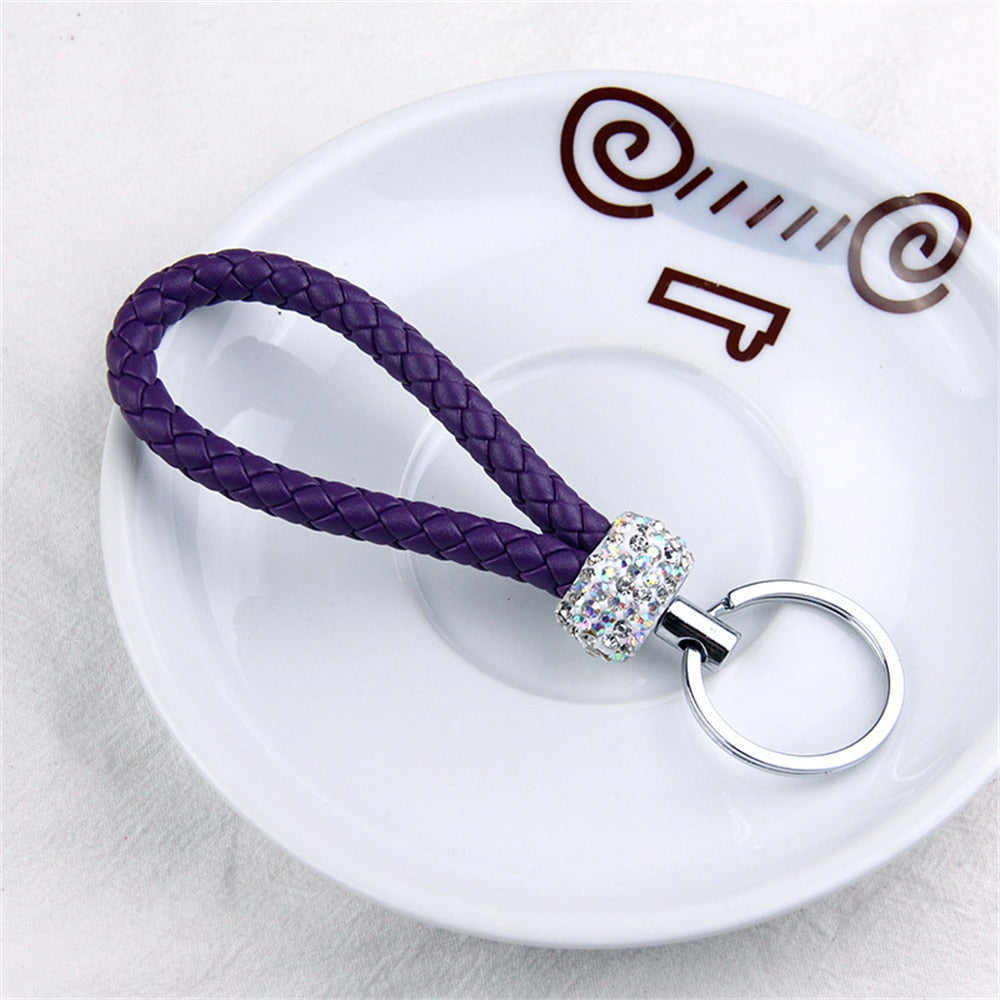 14 Styles PU Leather Braided Rope Keychain Glitter Rhinestones Key Ring For