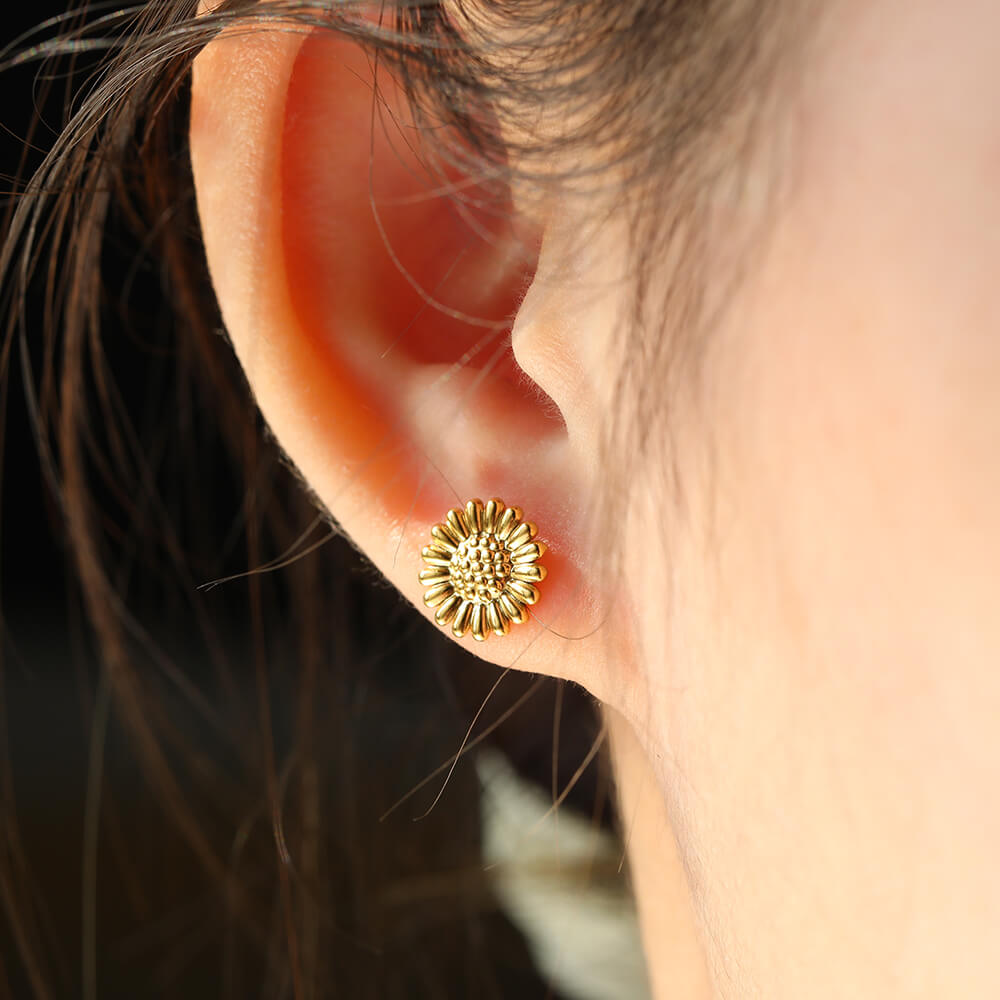 Golden Sunflower Minimalist Fashion Mini Stud Earrings Women Ear Piercing