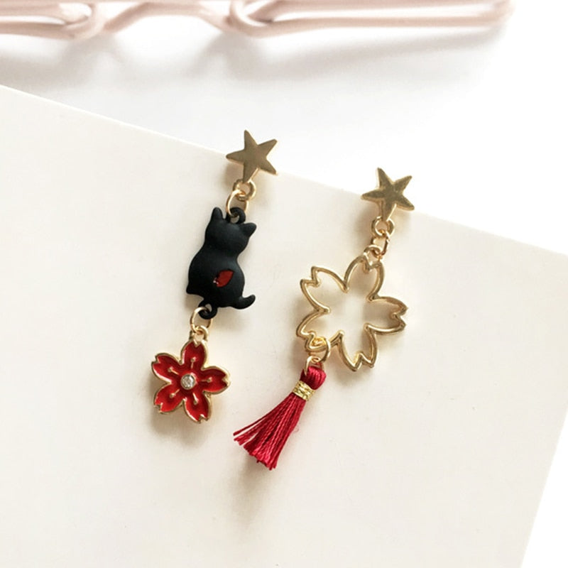 Red Flower Cat Drop Earrings Women Party Wedding Jewelry Creative Gifts Earrings