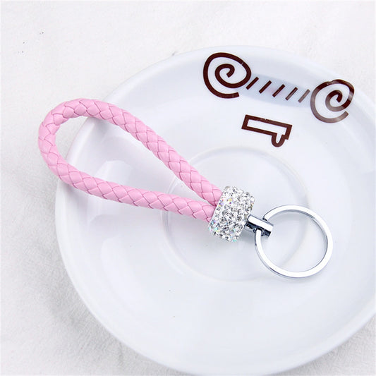 14 Styles PU Leather Braided Rope Keychain Glitter Rhinestones Key Ring For