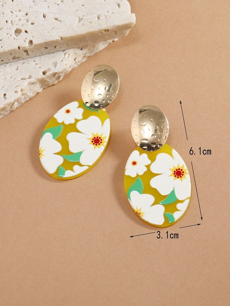 Floral Pattern Oval Lady Cute Dangle Earrings for Women Jewelry Girls Earrings