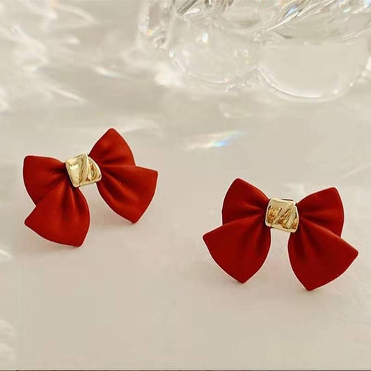 Red Bow with Gold Middle Stud Earrings Women Gifts Earring Cute Girls Eardrop