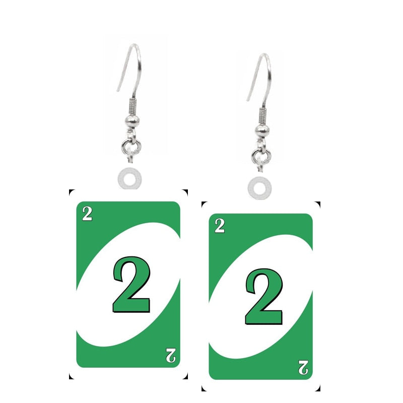 Green Number 2 Card Uno Game Drop Earrings Hip Hop Women Party Gift Jewelry Ear