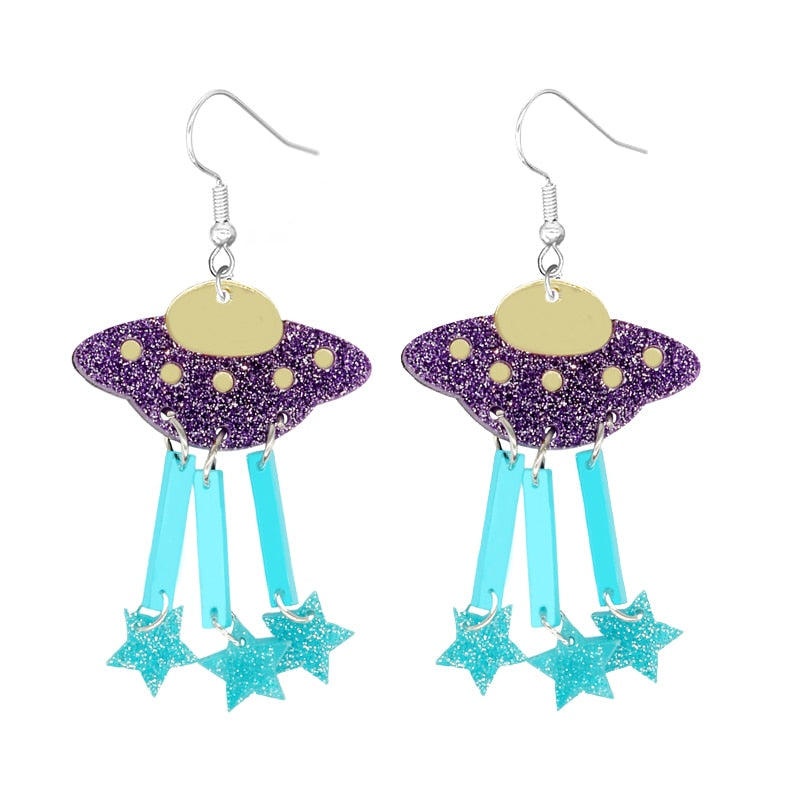 Glitter Spaceship Stars Drop Earrings Women Creativity Jewelry Cute Earring