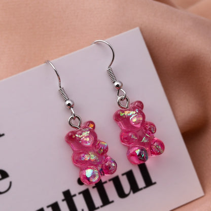 Holographic Hot Pink Bear Drop Earrings Women Creativity Jewelry Cute Earring