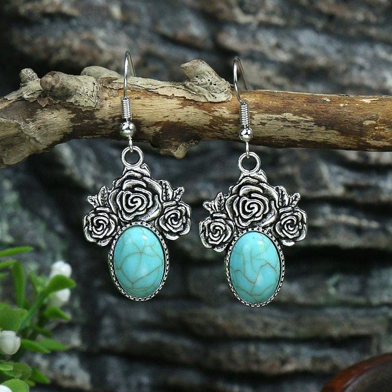 Roses Turquoise Bohemian Dangle Earrings Fashion Party Girls Pendant Earrings