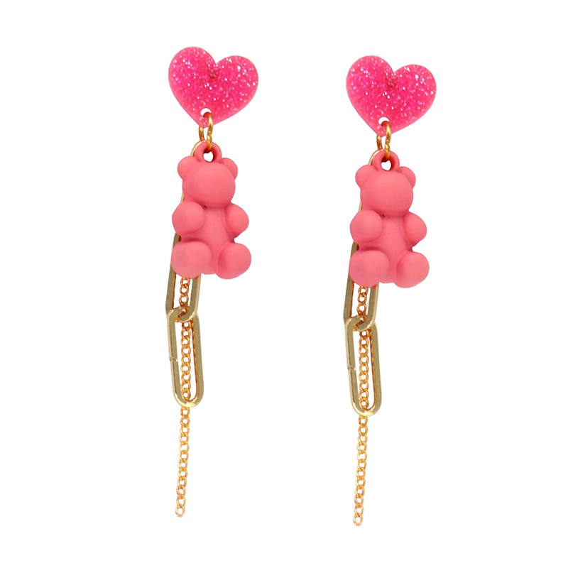 Pink Bear Heart Chain Drop Earrings Women Fashion Creative Art Cute Stylish