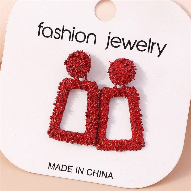 Red Textured Geometric Drop Earrings For Women Girl Fashion Modern Jewelry Gift