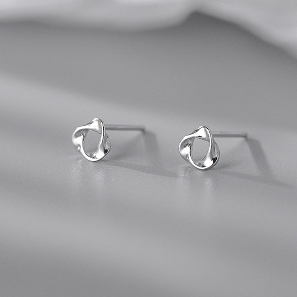 Silver Color Hollow Geometric Twist Stud Earrings For Women Cute Small Tiny