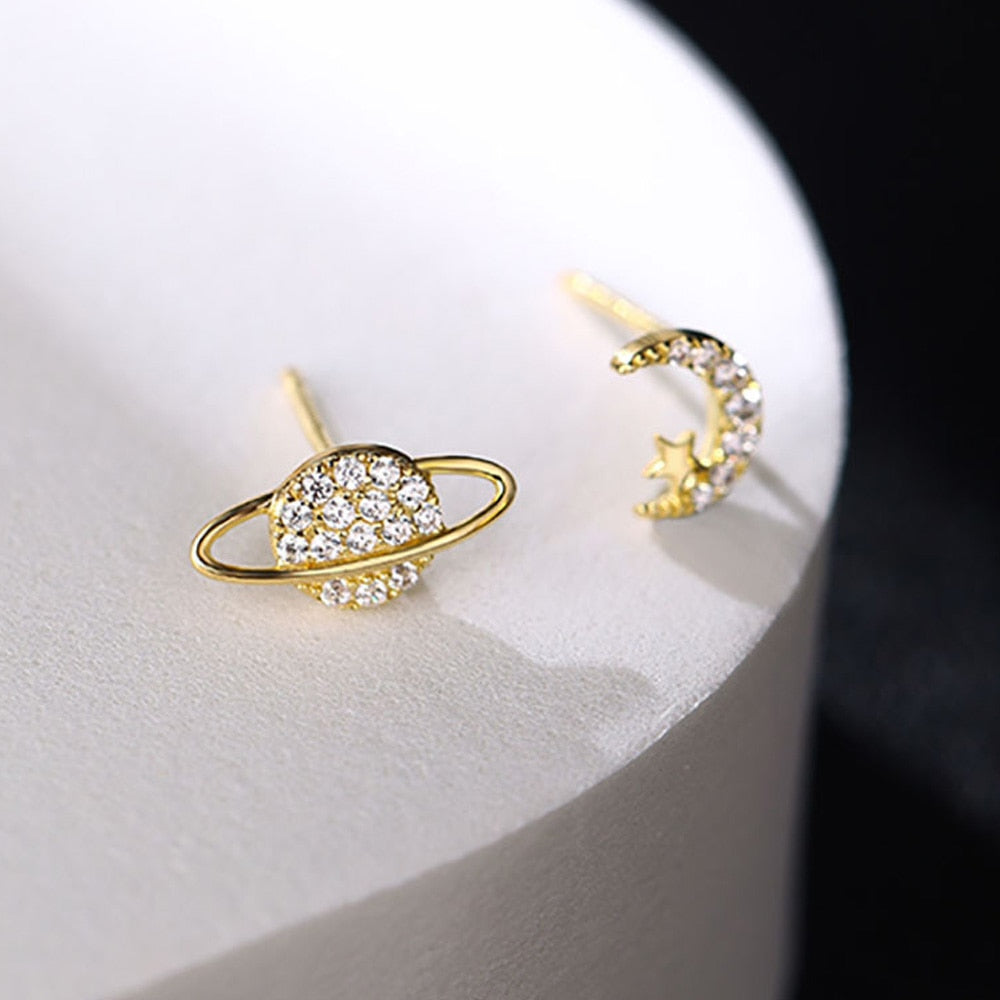 Golden Moon Planet Mini Stud Earrings Cut Asymmetric Mini Earrings Ear Piercing