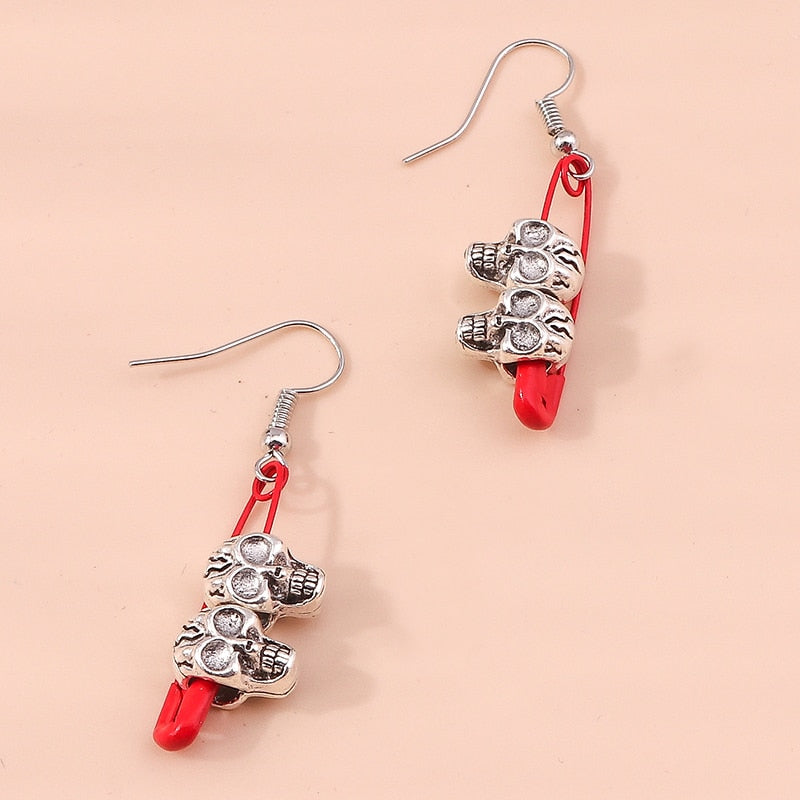 Red Safety Pin Skull Charm Drop Earrings Women Creativity Jewelry Cute Earring