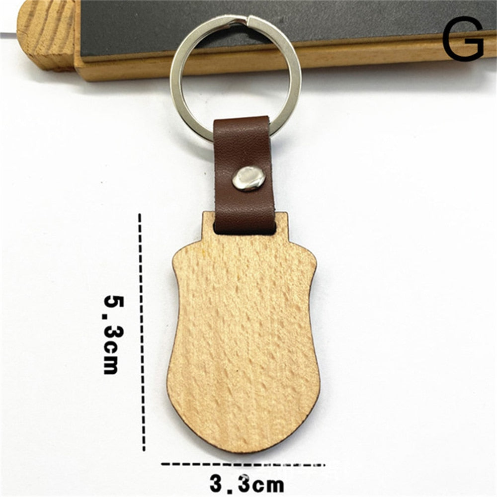 10 Styles Wooden Keychain Geometric House Car Shape Leather Wood Keyring Bag