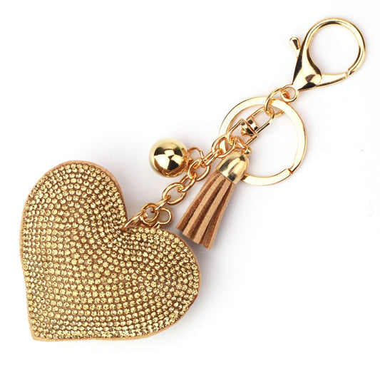 Golden Color Heart Full Rhinestone Keychain PU Leather Tassel Keyring for Women