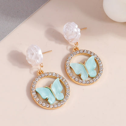 Aqua Blue Butterfly Rose Drop Earrings Women Creativity Jewelry Cute Earring