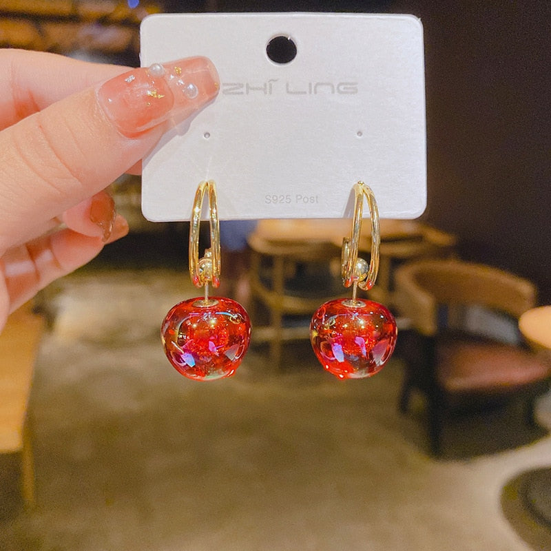 Holographic Red Cherry Lady Cute Dangle Earrings for Women Jewelry Girls