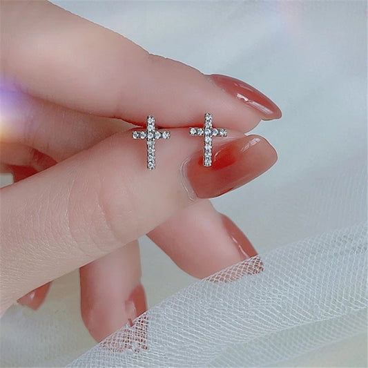 Silver Colored Cross Stud Earrings Woman Elegant Earring Fashion Modern Jewelry