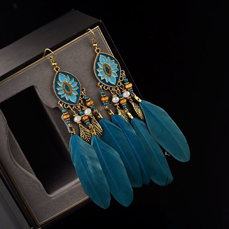 Boho Aqua Blue Feathers Dangle Earrings for Fashion Stylish Jewelry Drop