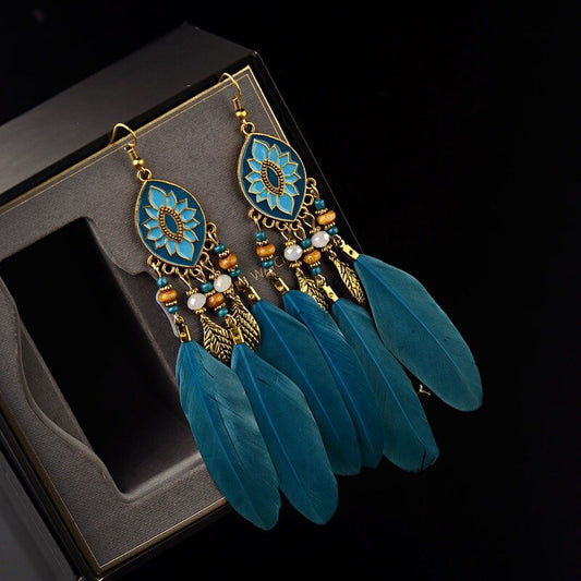 Boho Aqua Blue Feathers Dangle Earrings for Fashion Stylish Jewelry Drop