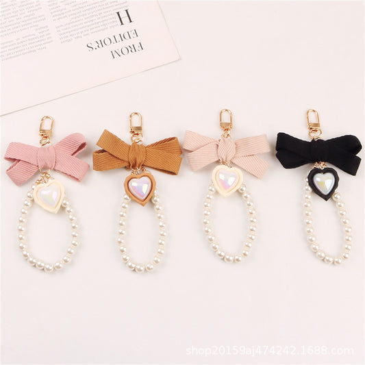 4 Styles Fabric Bow Keychain With Pearl Resin Heart Key Ring Charms For Women