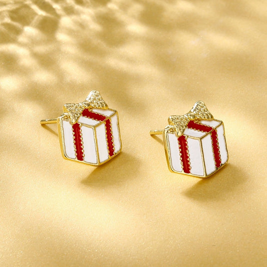 Present Box Christmas Stud Earrings Cute Women Mini Zircon Ear Jewelry
