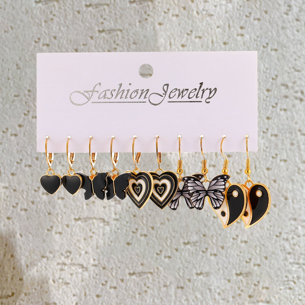 5 Pairs Black and White Heart Butterfly Drop Charm Earrings For Women Girl