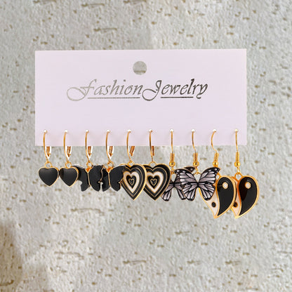 5 Pairs Black and White Heart Butterfly Drop Charm Earrings For Women Girl