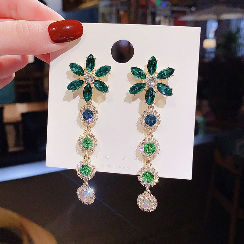 Green Rhinestone Flower Dangle Earrings Women Girl Fashion Trendy Jewelry