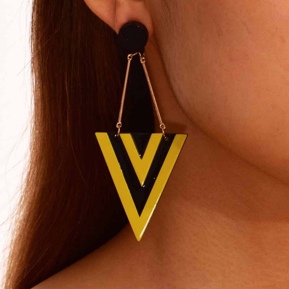 Black and Yellow Exaggerated Triangle Drop Earrings Women Girl Party Gift