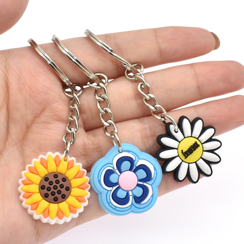 10 Styles Cartoon Colorful Flowers Keyring Cute Creative Fashion Keychains Bag