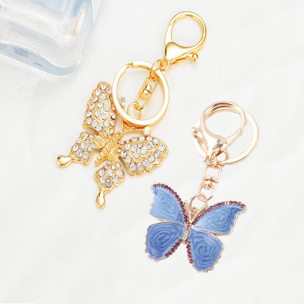 2 Styles Rhinestone Butterfly Pendant Key Chain Enamel Keychain Fashion Bag