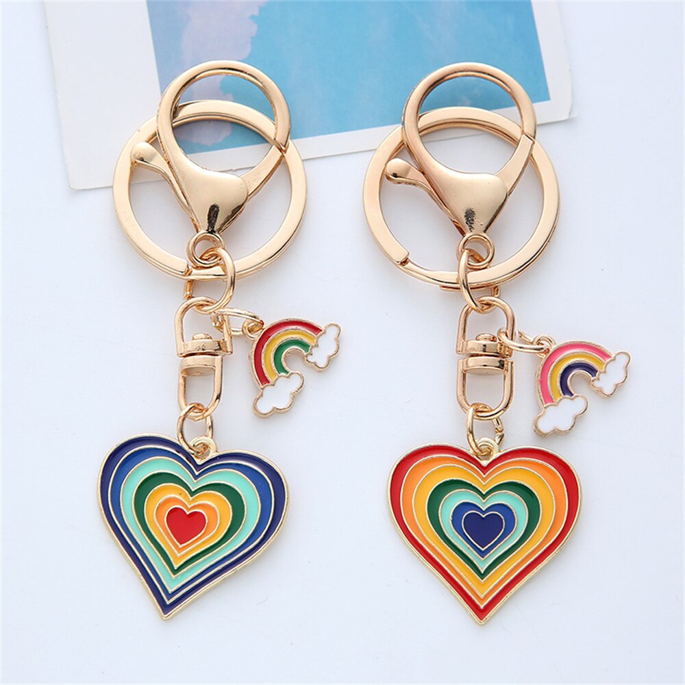 2 Styles Alloy Heart Rainbow Charms Keychain Couple Keyring Love Gift Woemn Bag