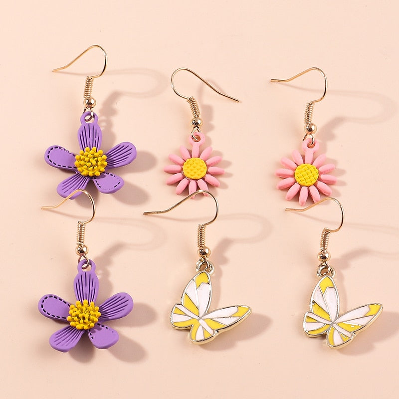 3 Pairs Purple Pink Flower Butterfly Dangle Earrings for Girls Women Birthday