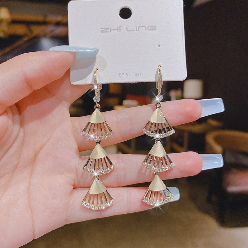 Fan Shaped Tassel Lady Cute Dangle Earrings for Women Jewelry Girls Earrings