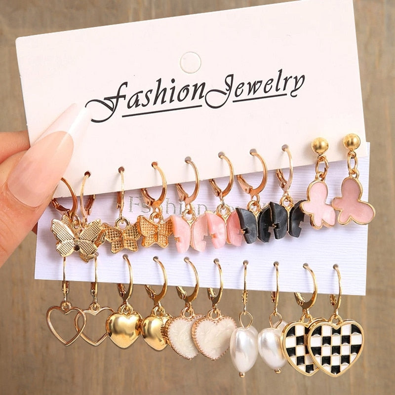 13 Styles 5-6 Pairs Set Heart Butterfly Dangle Earrings for Girls Women Birthday