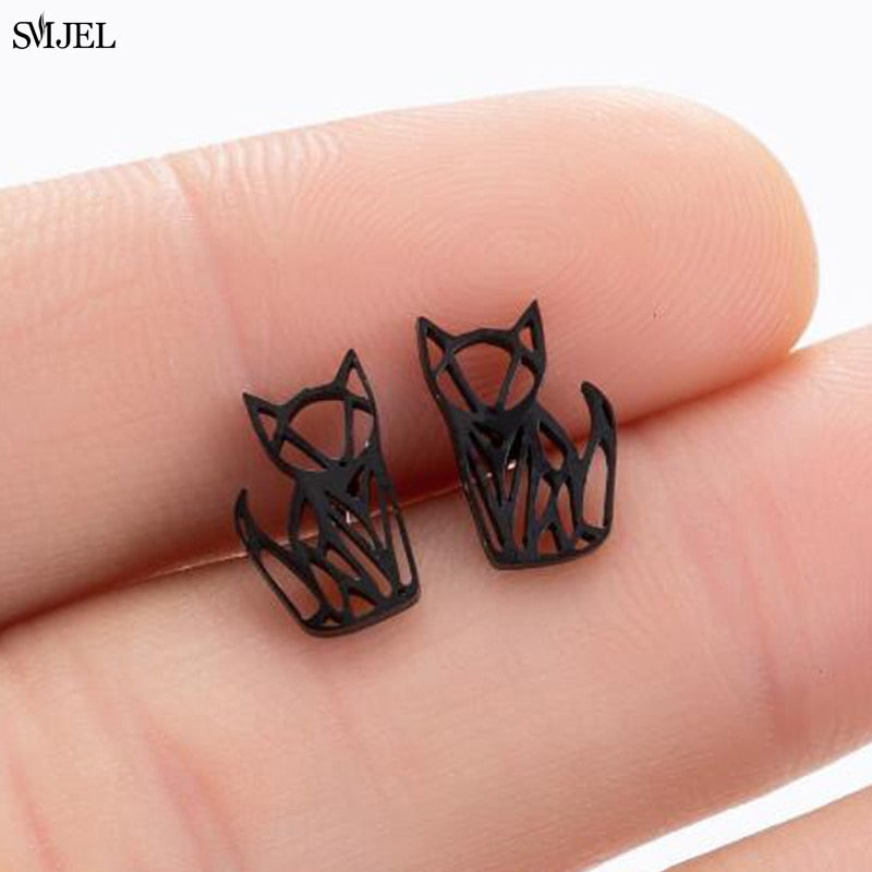 Hollow Cat Stainless Steel Earrings Women Jewelry Small Studs Gifts Earring