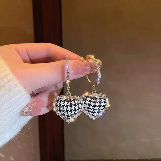 Houndstooth Heart Drop Earrings Women Party Wedding Jewelry Dangle Gifts