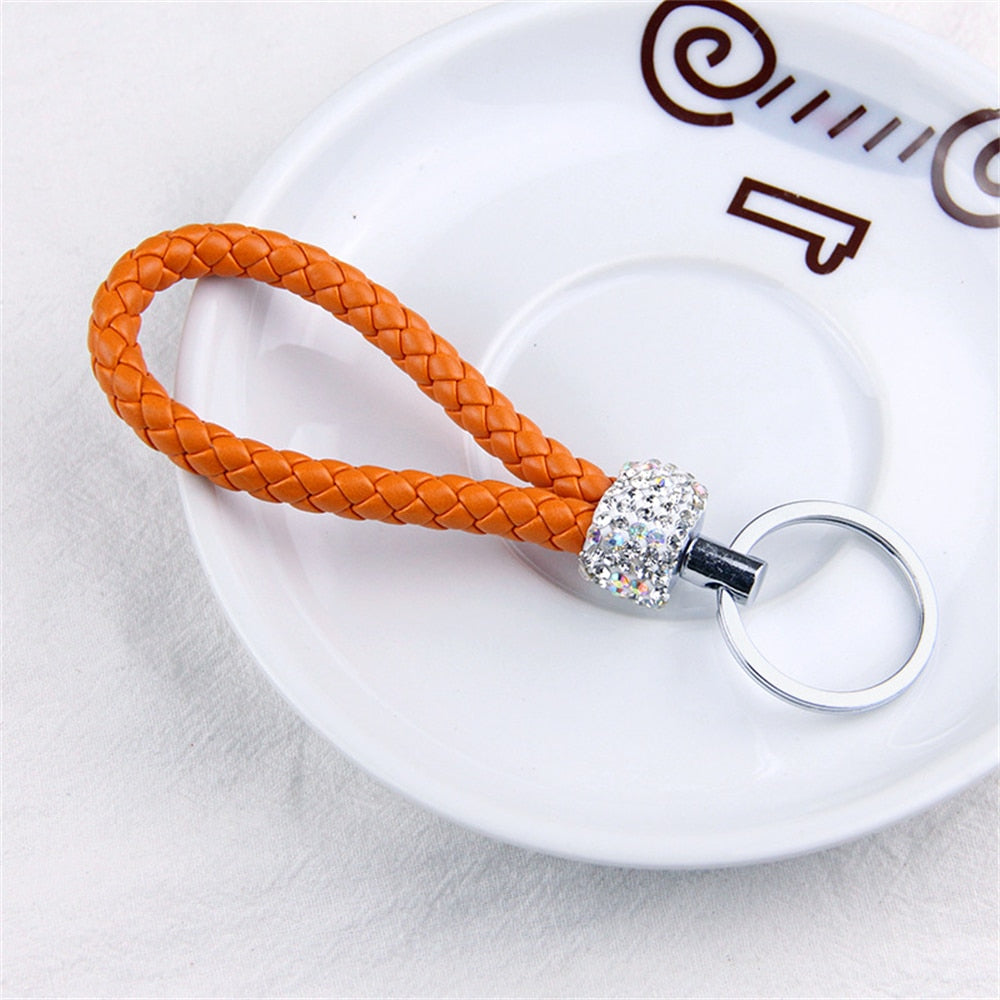 14 Styles PU Leather Braided Rope Keychain Glitter Rhinestones Key Ring For