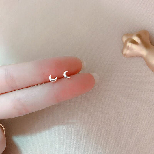 Silver-colored Moon Minimalist Cute Stud Earrings Women Mini Ear Piercing