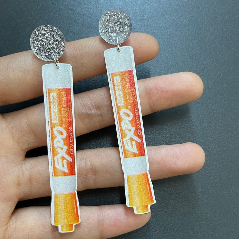 Orange Whiteboard Marker Pen Dangle Earrings Women Girl Fashion Trendy Jewelry