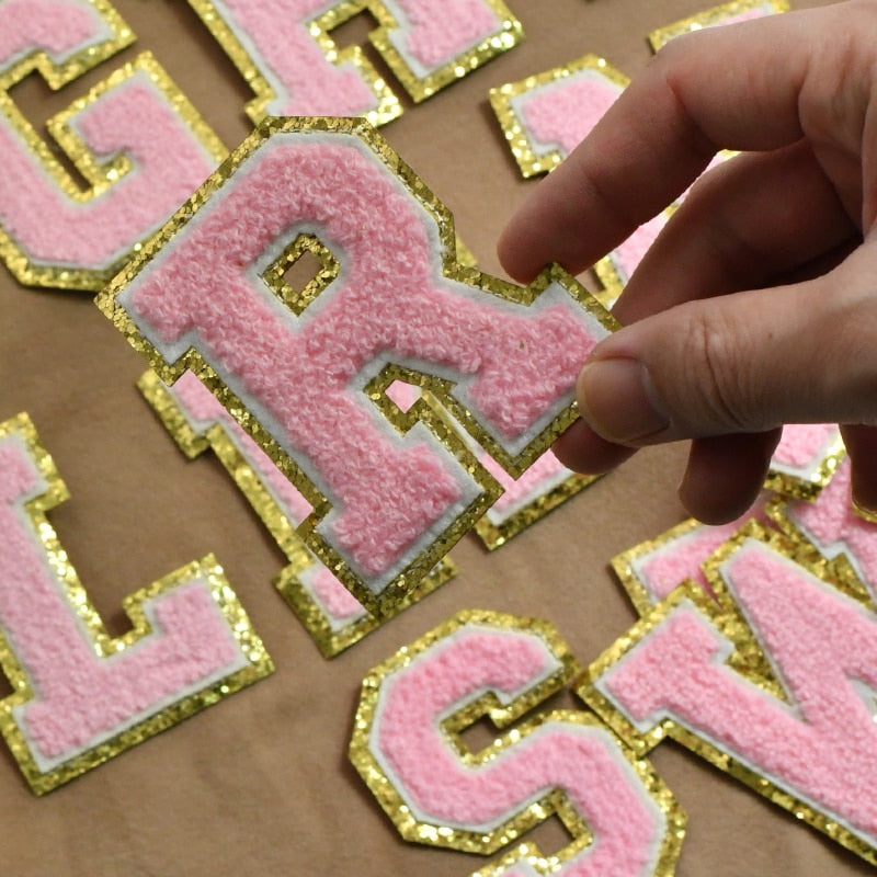 A-Z Pink Letters Alphabet Sequins Towel Embroidered Chenille Patches For DIY