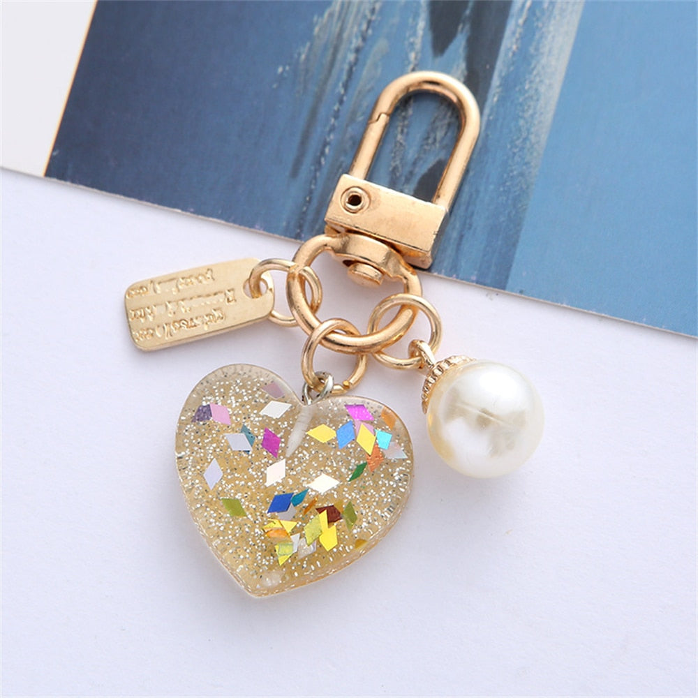 Golden Glitter Resin Heart Key Chain Colorful Sequins Filled Keychain with Pearl